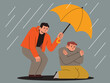 © Senntabi - Happy man holding an umbrella to protect his sad friend from rain.  The concept of support and care for people under stress. Mental health concept.  Hand drawn vector  cartoon style illustration