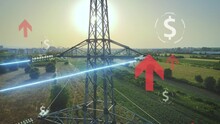 Energy prices rising concept, dollar icon and arrow on pylon background - 3D render