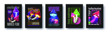 Modern Collection Of Acid Abstract Posters In The Style Of Techno, Rave Music With Neon Funny Fly Agaric Mushrooms Bright Psychedelics. Print For Clothing Sweatshirts And T-shirts Isolated Background