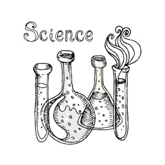 Back to school: Doodle style science laboratory beakers and test tubes illustration in vector