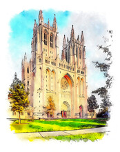 The Cathedral Church Of Saint Peter And Saint Paul In The City And Diocese Of Washington, Commonly Known As Washington National Cathedral, Watercolor Sketch Illustration.