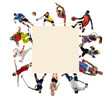© master1305 - Sport collage about soccer, american football, basketball, volleyball, tennis, rugby, handball players with balls isolated on white background with copy space
