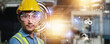 © khwanchai - Industrial technology and learning machine software concept, man engineer wearing yellow helmet and protect glasses  with high technology line digital network