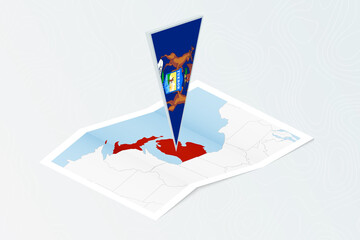 Wall Mural - Isometric paper map of Michigan with triangular flag of Michigan in isometric style. Map on topographic background.