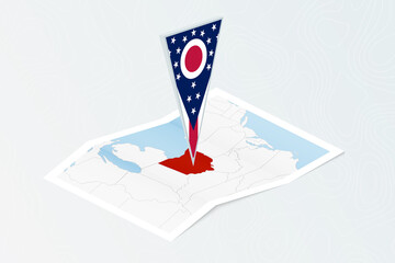 Wall Mural - Isometric paper map of Ohio with triangular flag of Ohio in isometric style. Map on topographic background.