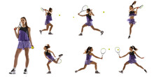 Collage With Young Woman, Tennis Player Playing Tennis Isolated On White Background. Healthy Lifestyle, Sport, Action.
