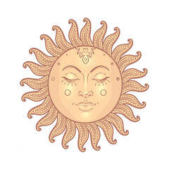 Sticker - Golden Sun. Vector illustration in vintage engraving style isolated on white.