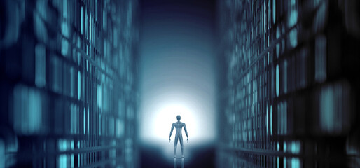 Poster - Abstract man in a science fiction digital world - 3d rendering
