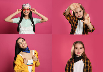 Sticker - Collage with photos of woman and little girl wearing stylish bandanas on pink background