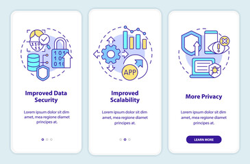 Web 3 0 benefits onboarding mobile app screen. No code option walkthrough 3 steps graphic instructions pages with linear concepts. UI, UX, GUI template. Myriad Pro-Bold, Regular fonts used