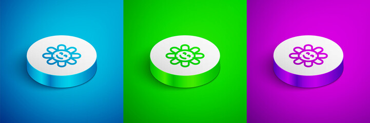 Sticker - Isometric line Flower icon isolated on blue, green and purple background. White circle button. Vector