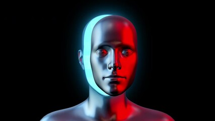 Abstract chrome metal human body with moving face on black background. Modern bright fashion 3d animation. Technological digital vivid concept man or woman. Creative retro futuristic motion art.