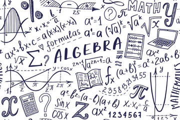 Mathematics doodle seamless pattern. Back to school hand drawn background for notebook, not pad, sketchbook. Algebra or math subject design. Education and study concept.