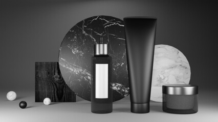 3d rendering mockup set, black and white beauty cosmetic package with marble and wood elements. Beauty cosmetic branding. Trendy black realistic beauty products on dark background. 