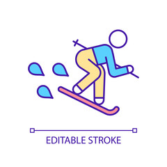 Poster - Skiing RGB color icon. Active sport. Leisure time activity. Recreation and competition. Skier equipment. Isolated vector illustration. Simple filled line drawing. Editable stroke. Arial font used