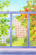 Autumn cityscape outside the window with trees and autumn leaves. Digital illustration