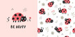 Cute kids pattern with ladybugs, seamless background, and baby shower greeting card. Vector texture for kids bedding, fabric, wallpaper, wrapping paper, textile, t-shirt