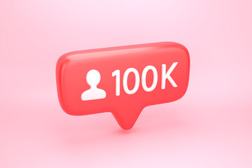 One hundred thousand friends or followers social media notification with heart icon