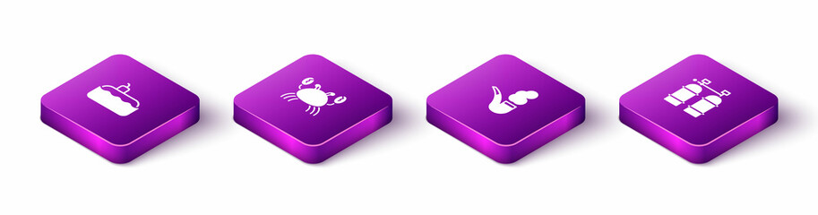 Sticker - Set Isometric Submarine, Crab, Smoking pipe and Aqualung icon. Vector