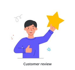 Wall Mural - Customer review abstract concept. Smiling man holds yellow star and shows thumbs up gesture. User gives feedback to product or service. Positive assessment or comment. Cartoon flat vector illustration