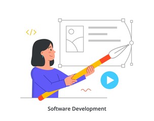 Fototapete - Software Development abstract concept. Young woman holds digital pen and creates user interface for website. Programming and landing page design. Cartoon contemporary flat vector illustration