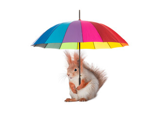 Canvas Print - squirrel holding colorful umbrella isolated on white background