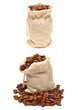 Coffee in a bag on a white background close-up. Drink, grain, food, wallpaper