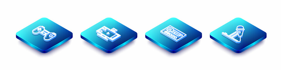 Poster - Set Isometric line Gamepad, Live streaming online, Create account screen and Microphone icon. Vector