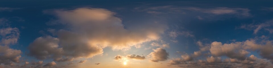 Wall Mural - blue evening sky seamless panorama spherical equirectangular 360 degree view with cumulus clouds, se