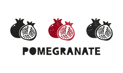 Fototapete - Pomegranate, silhouette icons set with lettering. Imitation of stamp, print with scuffs. Simple black shape and color vector illustration. Hand drawn isolated elements on white background