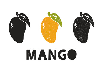 Fototapete - Mango, silhouette icons set with lettering. Imitation of stamp, print with scuffs. Simple black shape and color vector illustration. Hand drawn isolated elements on white background