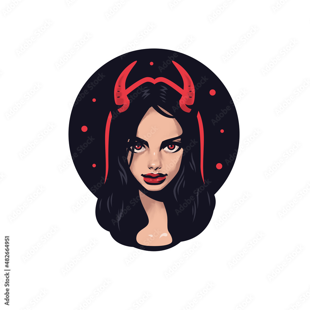 A mystical look. A devil woman with horns on her head. Black background.  Magically it comes from the eyes. Stock Vector | Adobe Stock, image size:1000x1000