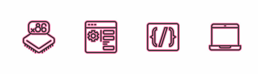 Set line Processor with microcircuits CPU, Programming language syntax, Browser setting and Laptop icon. Vector