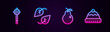Set line Honey dipper stick, Leaf, Pear and Winter hat. Glowing neon icon. Vector