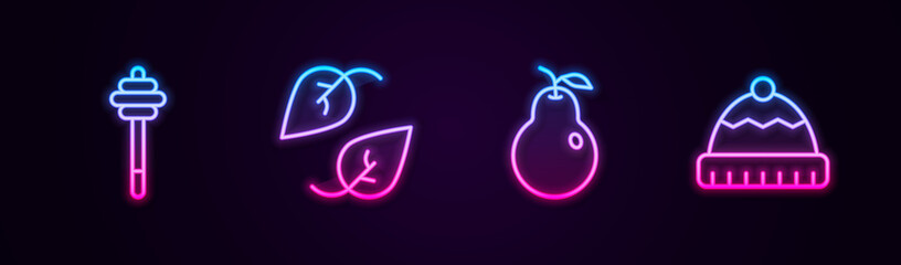 Sticker - Set line Honey dipper stick, Leaf, Pear and Winter hat. Glowing neon icon. Vector