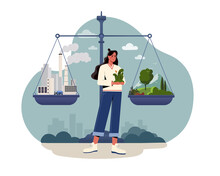 Net Zero Emissions And Carbon Dioxide CO2 Neutral Balance. Woman Stands Next To Scale With Plants And Factory. Keeping Atmosphere Clean Or Taking Care Of Environment. Cartoon Flat Vector Illustration