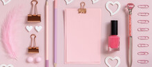 Pink Paper Card With Clip, School Girly Accessories And Hearts On Pastel Pink Top View, Mockup