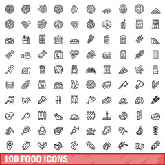 Sticker - 100 food icons set. Outline illustration of 100 food icons vector set isolated on white background