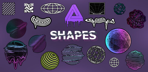 Aufkleber - Simple geometric shapes, memphis sticker style form 80s-90s. Old wave cyberpunk and vaporwave elements. 3D and 2D universal geometric shapes with neon color and glitch effect. Simple vector set