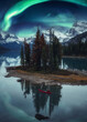 Traveler man canoeing on Spirit Island with aurora borealis over rocky mountains in the night at Jasper national park