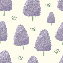 Trendy Seamless Pattern With Branches Of Lilac On A Beige Background. Abstract And Floral Design. For Fabrics, Children's Clothing, Home Decor, Quilting, Cards And Templates, Scrapbooking And More