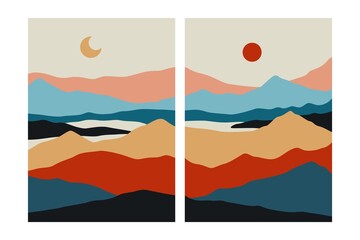 Wall Mural - abstract landscape minimalist posters. nature contemporary mountain prints, hand drawn background se