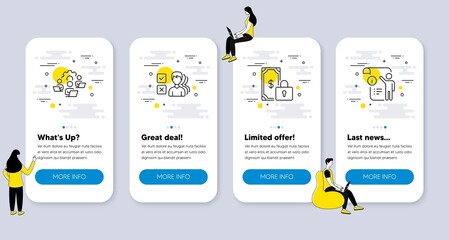Poster - Set of Education icons, such as Private payment, Opinion, Teamwork icons. UI phone app screens with people. Manual doc line symbols. Secure finance, Choose answer, Remote work. Project info. Vector