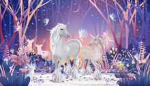 Fantasy Cute Little Fairies Flying And Playing With Unicorn Family In Magic Forest At Christmas Night, Vector Illustration Landscape Of Winter Wonderland.Fairytale Background For Bed Time Story Cover
