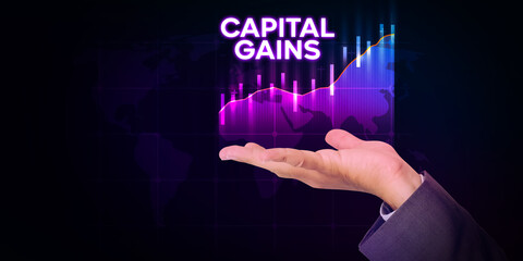Poster - Capital Gains Concept Abstract Background with Man Hovering Graph. Business and Finance Backdrop