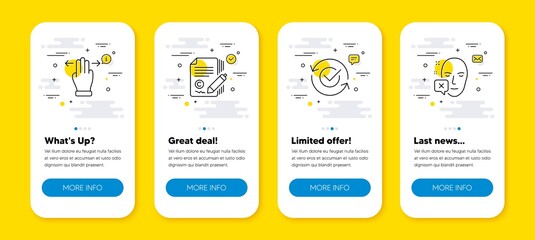 Vector set of Copywriting, Approved and Multitasking gesture line icons set. UI phone app screens with line icons. Face declined icon. Ð¡opyright signature, Refresh symbol, Swipe. Vector