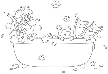 Wall Mural - Funny boy diver with a mask, a snorkel and flippers dreaming in a bubble bath and planning his summer vacation, black and white outline vector cartoon illustration for a coloring book page