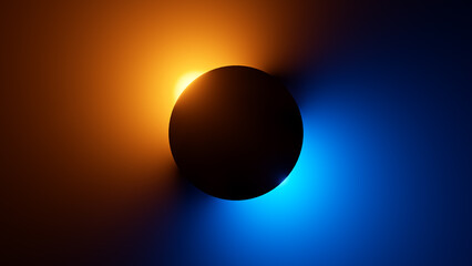 Wall Mural - 3d render, black round shape silhouette illuminated with yellow blue neon light. eclipse metaphor, a