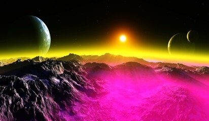 Wall Mural - Incredibly beautiful alien landscape at the rising of a star and a parade of planets, alien world, the surface of another planet, fantastic landscape 3D rendering