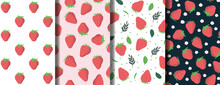 Set Of Strawberry With Leaves And Flowers Vector Pattern Background. Fruit Illustration Isolated On Background. Seamless Background With Red Strawberries For Wrapping Paper, Wallpaper
